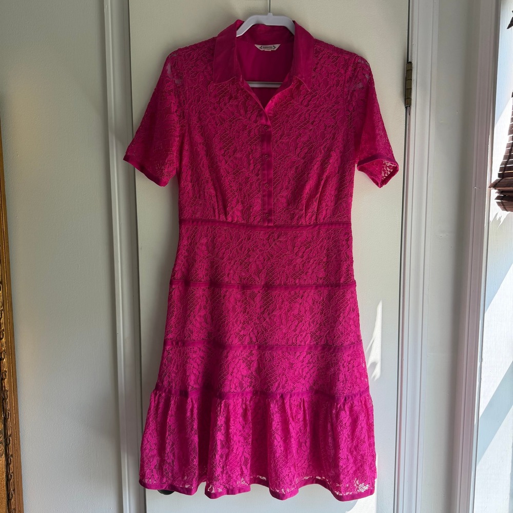 Nanette Lepore Pink Floral Lace Tiered Shirtdress Short Sleeve Size 8
